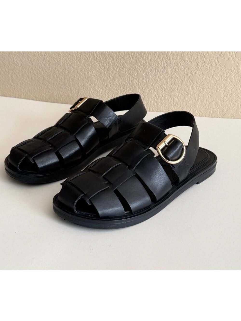 ZARA Women's Woven Leather Fisherman Flat Sandals Black Casual